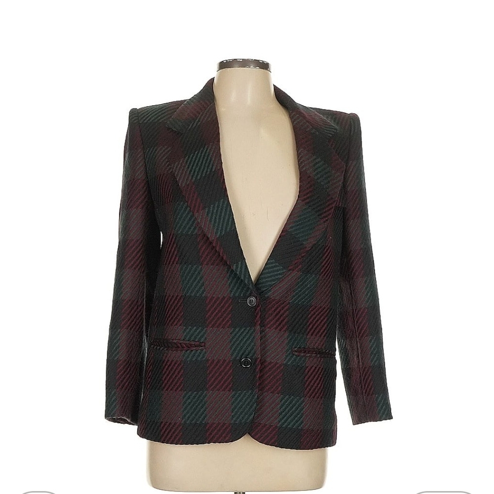 Harve Benard Burgundy and Green Checkered Blazer